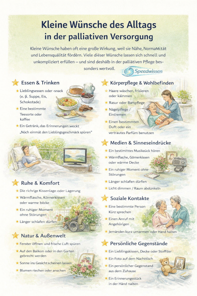 Kleine Wünsche des Alltags in der palliativen Versorgung

Kleine Wünsche haben oft eine große Wirkung, weil sie Nähe, Normalität und Lebensqualität fördern. Viele dieser Wünsche lassen sich schnell und unkompliziert erfüllen – und sind deshalb in der palliativen Pflege besonders wertvoll.

⭐ 1. Essen & Trinken

Lieblingsessen oder -snack (z. B. Suppe, Eis, Schokolade)

Eine bestimmte Teesorte oder Kaffee

Ein Getränk, das Erinnerungen weckt

„Noch einmal den Lieblingsgeschmack spüren“

⭐ 2. Körperpflege & Wohlbefinden

Haare waschen, frisieren oder kämmen

Rasur oder Bartpflege

Nagelpflege / Eincremen

Einen bestimmten Duft oder ein vertrautes Parfüm benutzen

Hand- oder Fußmassage

⭐ 3. Ruhe & Komfort

Die richtige Kissenlage oder Lagerung

Wärmflasche, Körnerkissen oder warme Decke

Ein ruhiger Moment ohne Störungen

Länger schlafen dürfen

Licht dimmen / Raum abdunkeln

⭐ 4. Medien & Sinneseindrücke

Ein bestimmtes Musikstück hören

Einen Lieblingsfilm oder eine Serie sehen

Radio oder Hörbuch einschalten

Ein Fotoalbum anschauen

Ein vertrauter Geruch (z. B. Kaffee, frische Luft im Raum)

⭐ 5. Natur & Außenwelt

Fenster öffnen und frische Luft spüren

Auf den Balkon oder in den Garten gebracht werden

Sonne ins Gesicht scheinen lassen

Blumen riechen oder ansehen

⭐ 6. Soziale Kontakte

Eine bestimmte Person kurz sprechen

Einen Anruf mit Angehörigen

Jemanden kurz umarmen oder Hand halten

Lieblingspflegekraft oder vertraute Person sehen

⭐ 7. Persönliche Gegenstände

Ein Lieblingskissen, Decke oder Stofftier

Ein Foto auf dem Nachttisch

Ein persönlicher Gegenstand aus dem Zuhause

Ein Erinnerungsstück in der Hand halten

⭐ 8. Spirituelle Wünsche

Ein Gebet oder Segenswort

Ein vertrautes Ritual

Eine Kerze (elektrisch) oder beruhigendes Symbol

Besuch der Seelsorge